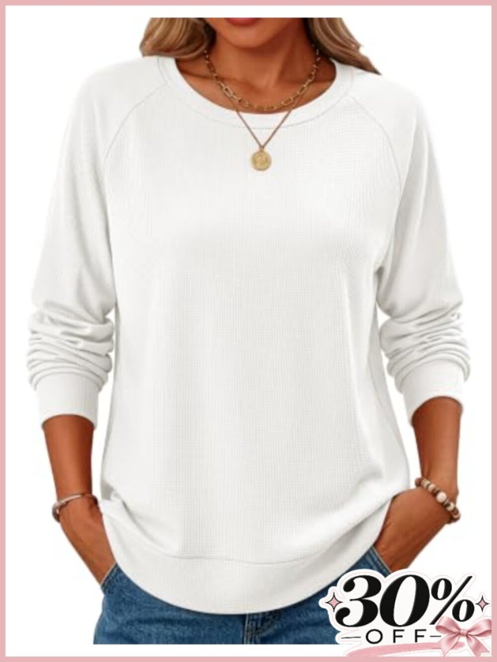 Waffle Knit Tunic Top Long Sleeve Crew Neck High Low Hem Loose Fit Womens Shirt